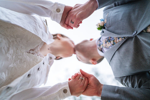 Couple in wedding attire at Camp Lenox in the Berkshires, Massachusetts