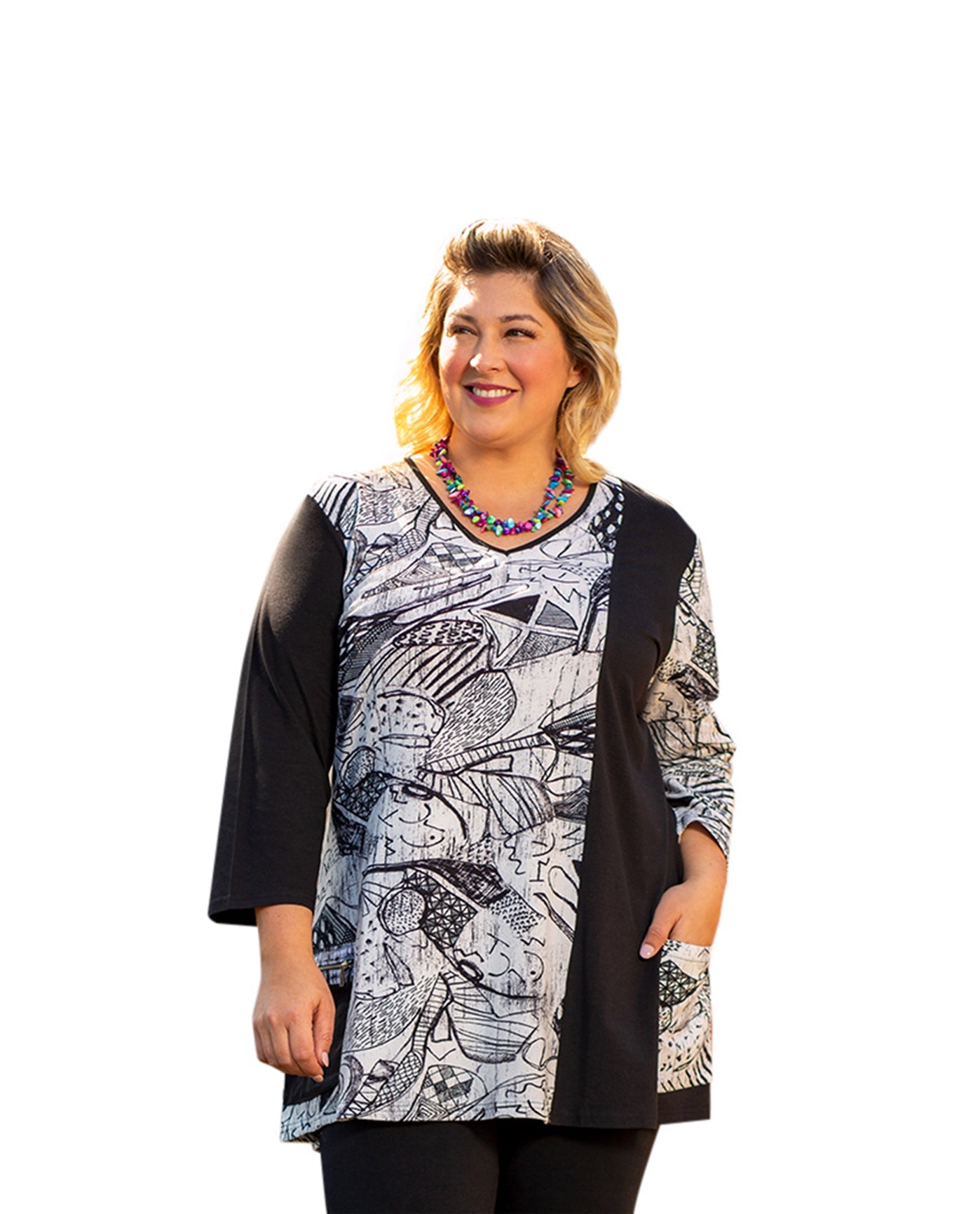 On The Plus Side 3/4 Sleeve V-Neck Helen Plus Size Tunic