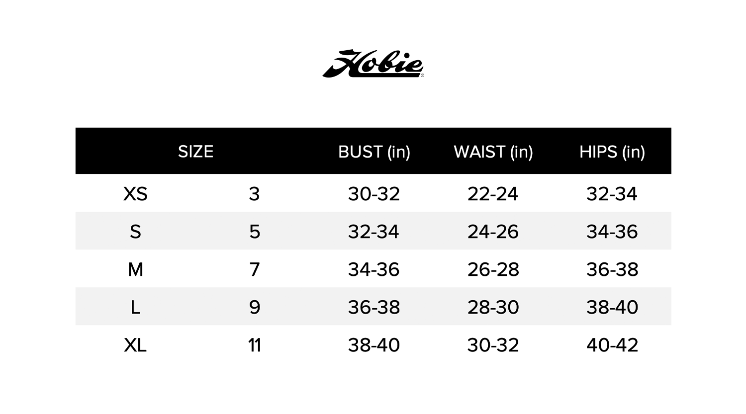 HOBIE SWIM SIZE CHART – DTC Outlet