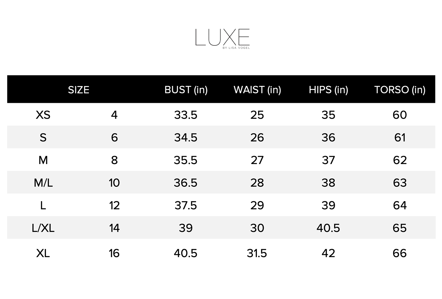Luxe by Lisa Vogel Swim Size Chart