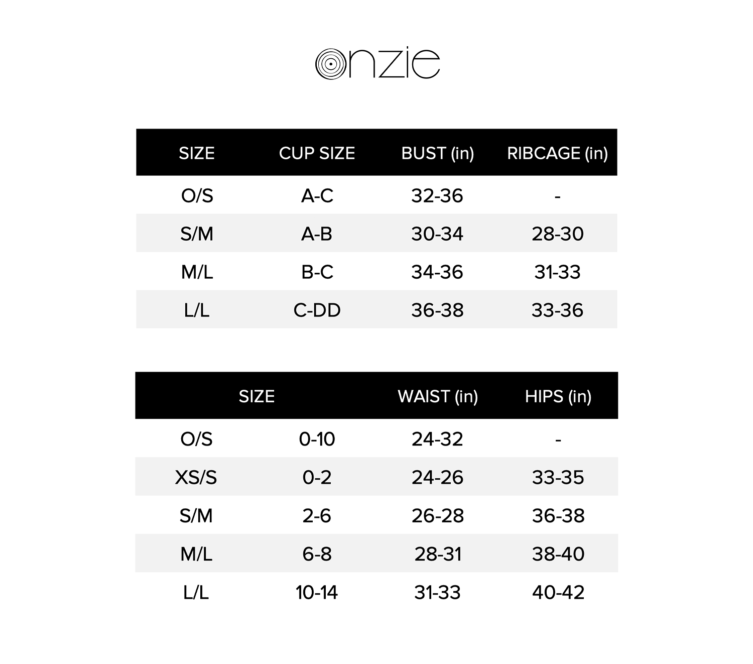 Onzie Swim Size Chart