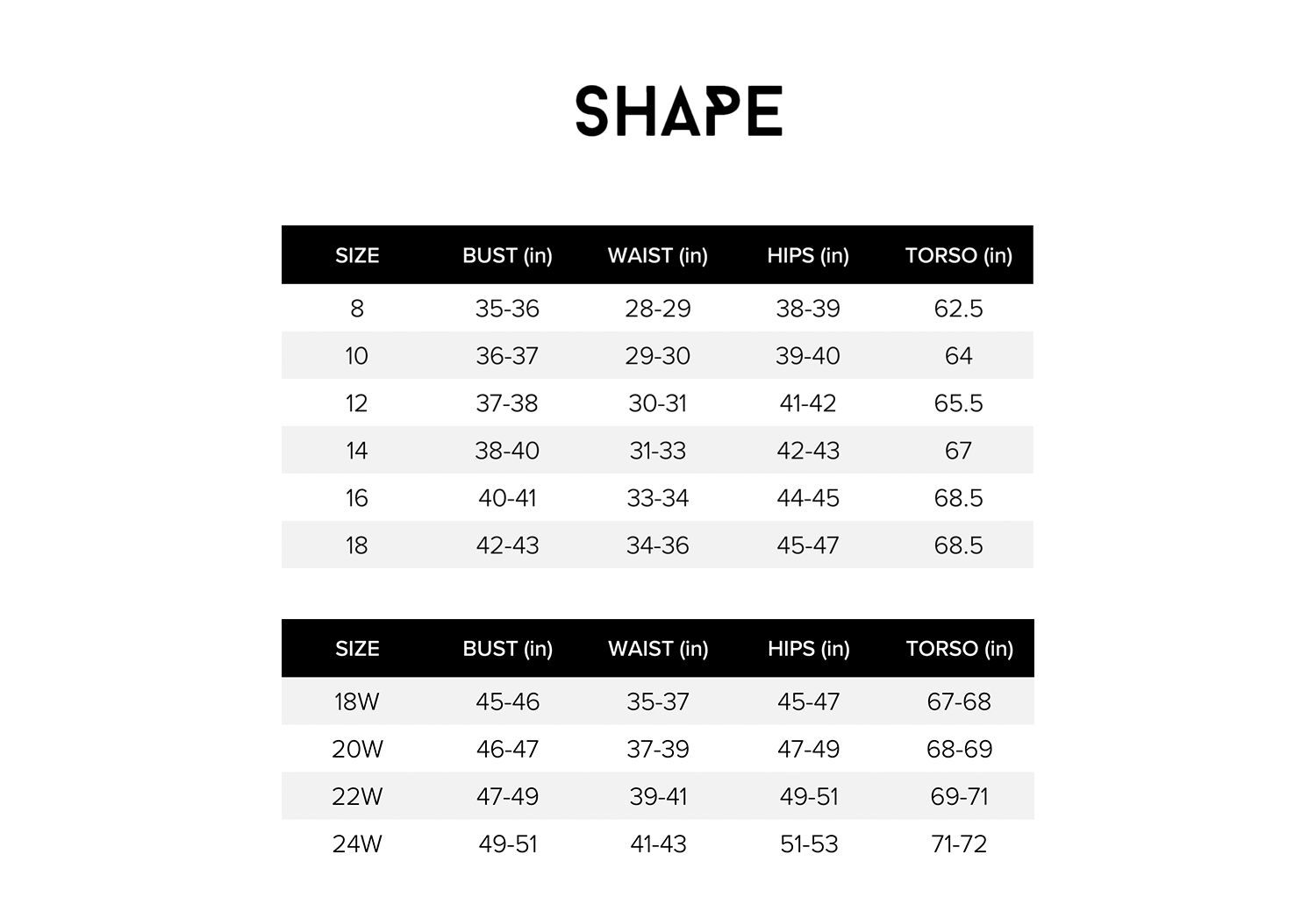 Shape Size Chart