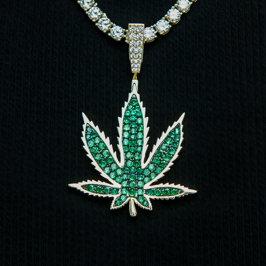 Large Emerald Weed Leaf Pendant - Yellow Gold Image 1