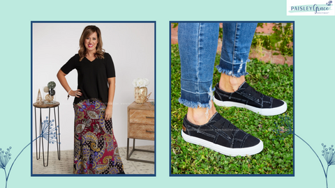 Maxi or midi skirt, t-shirt, and sneakers