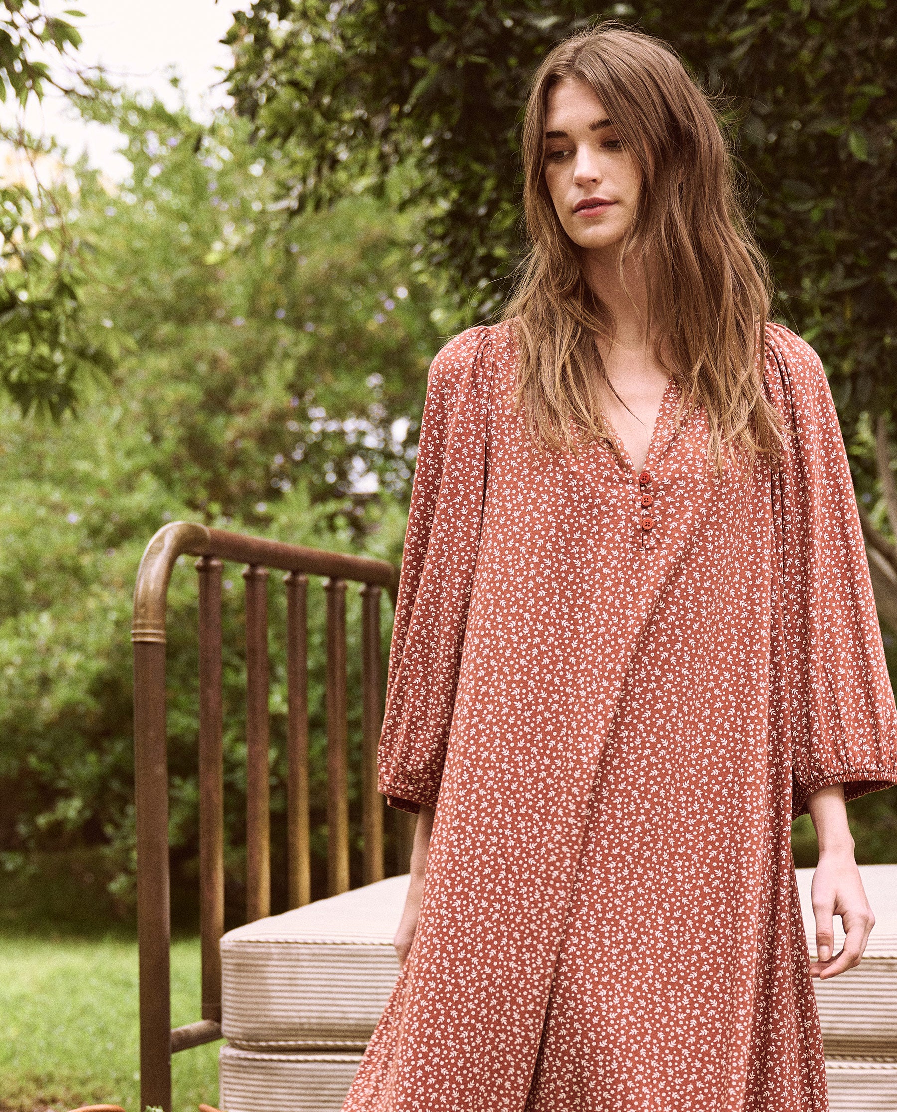 The Romantic Sleep Dress. -- Rust Leaf Print