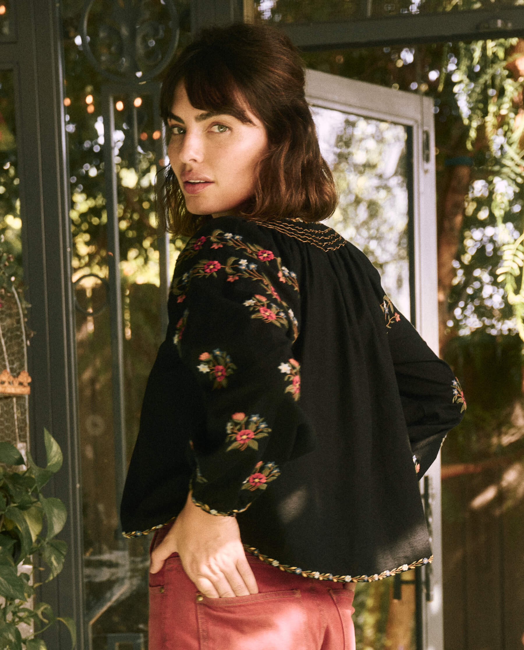 The Passage Top. -- Black with Moonflower Embroidery – The Great.