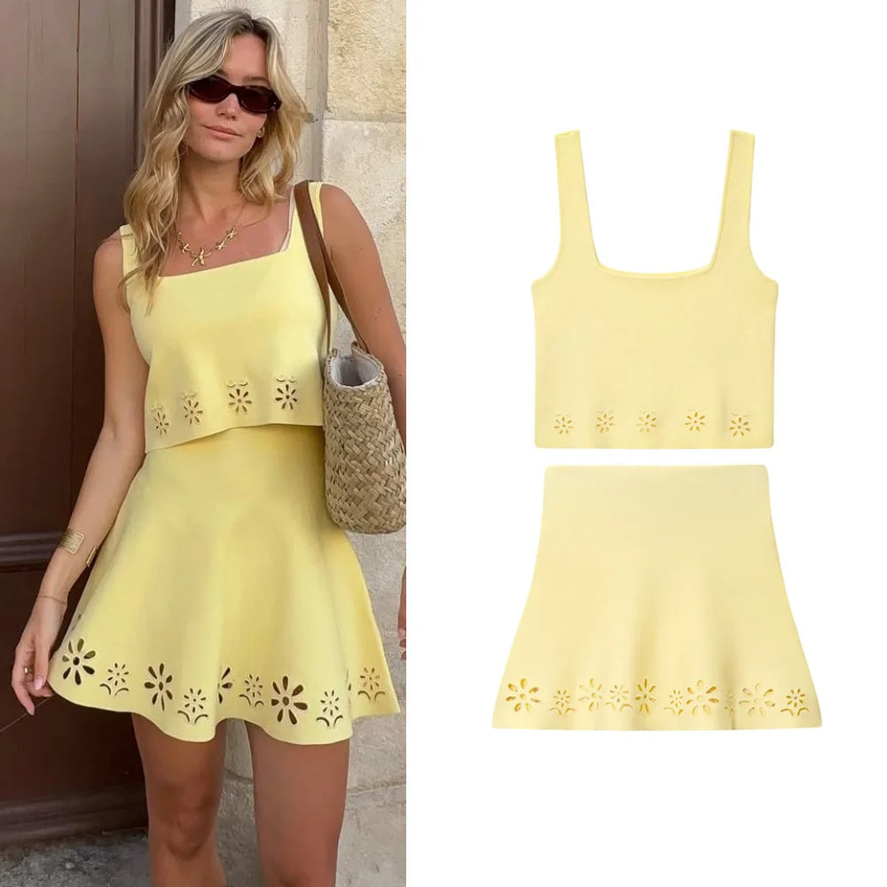 Women High Street Knit Set Hollow-out Suspender Tops Or