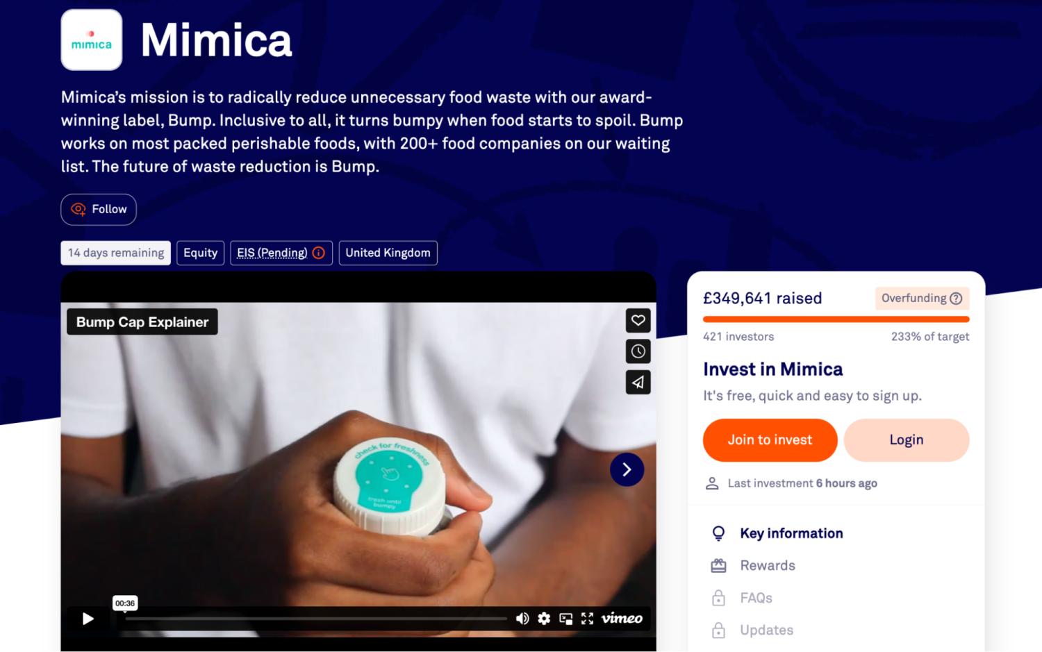 Crowdfunding stránka produktu Mimica s ukazatelem pokroku financování a videopřehledem.