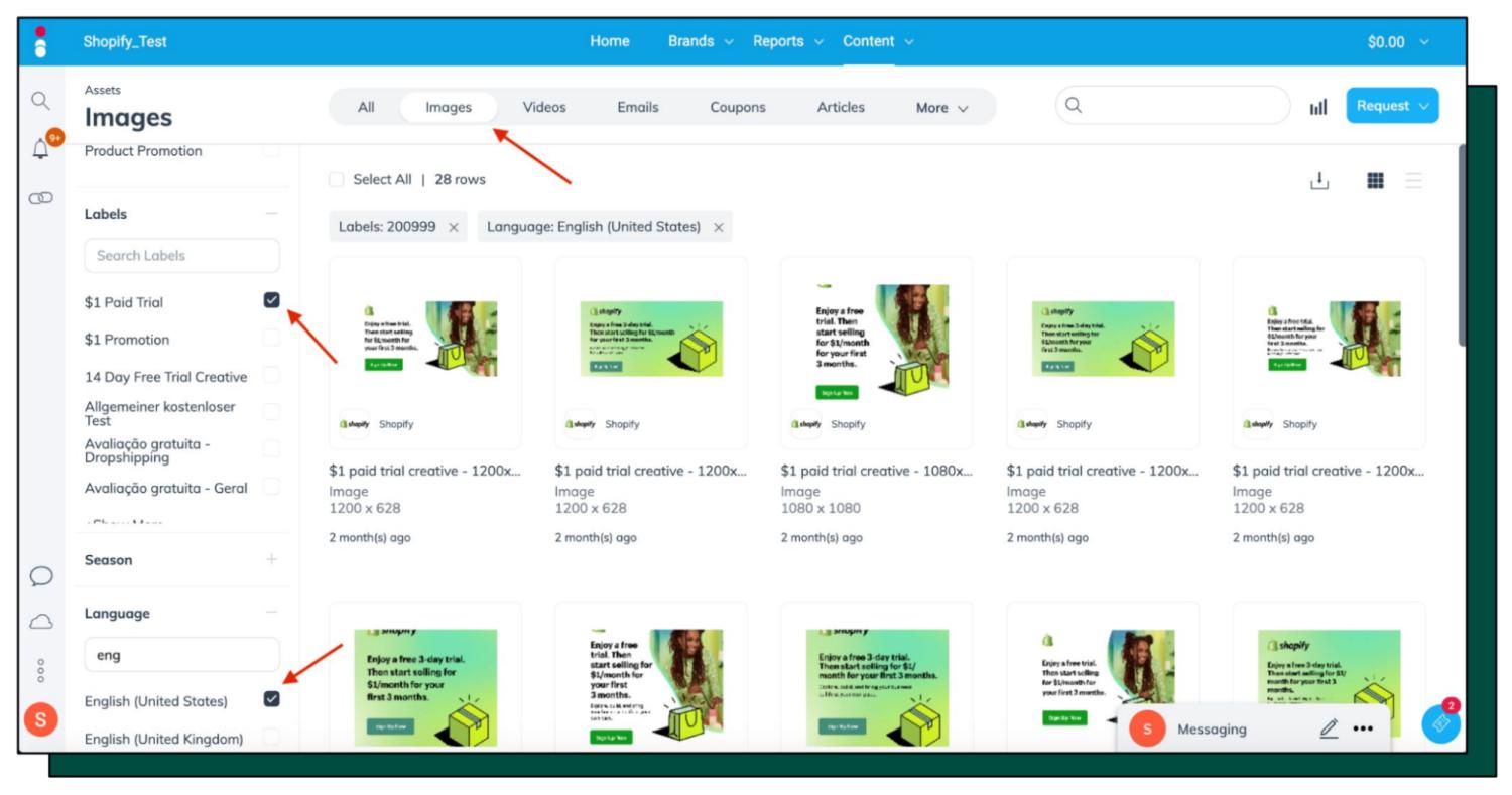 Snímek obrazovky z řídicího panelu Impact s předem vytvořenými položkami affiliate Shopify.