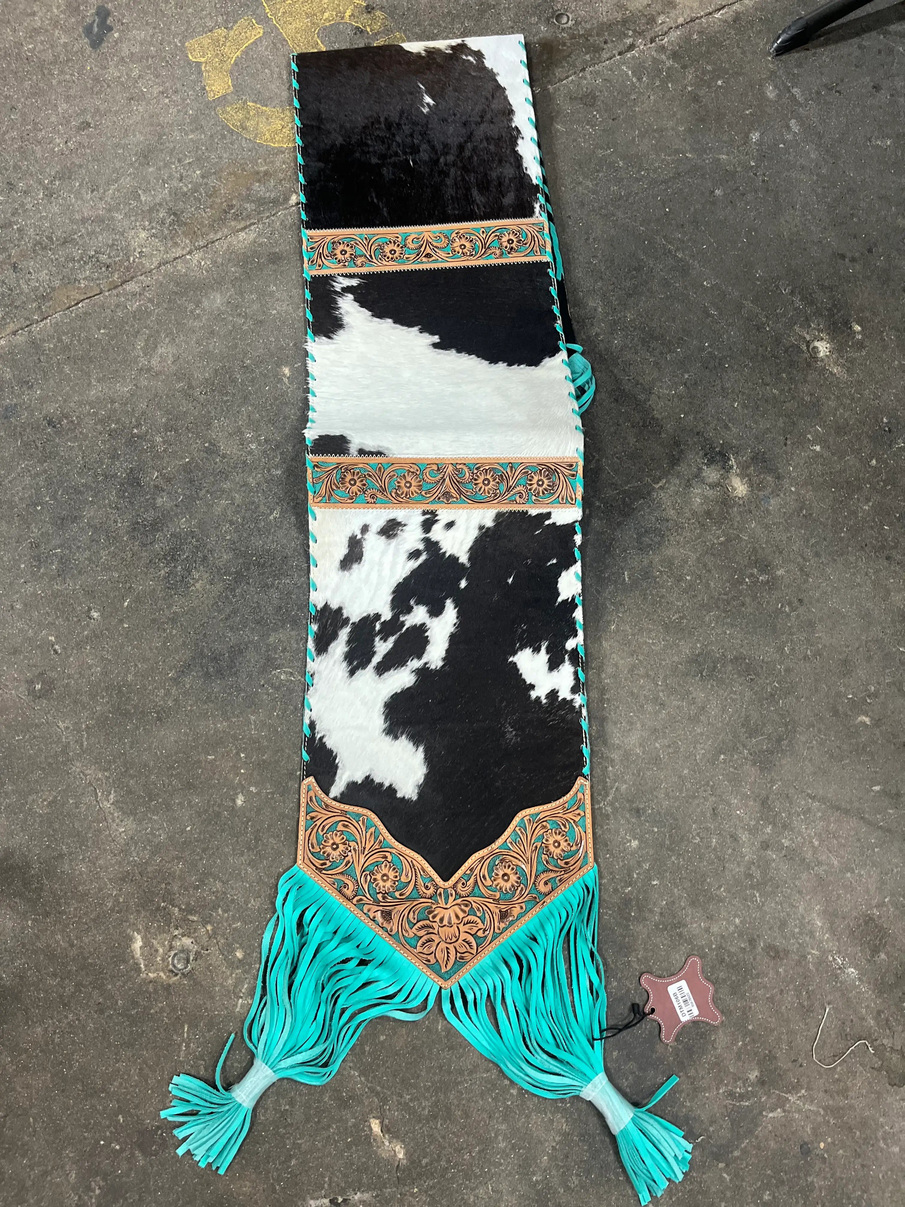 Turquoise Cowhide Fringe Table Runner - 6ft