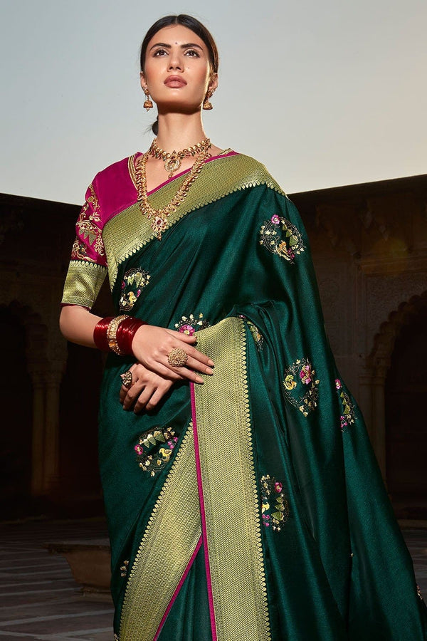 Banarasi Silk Fabric Dark Green Color Beautiful Look - Color