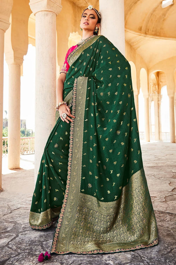 Light Bottle Green Banarasi Silk Saree With Beautiful Blouse – Bahuji -  Online Fashion & Lifestyle Store