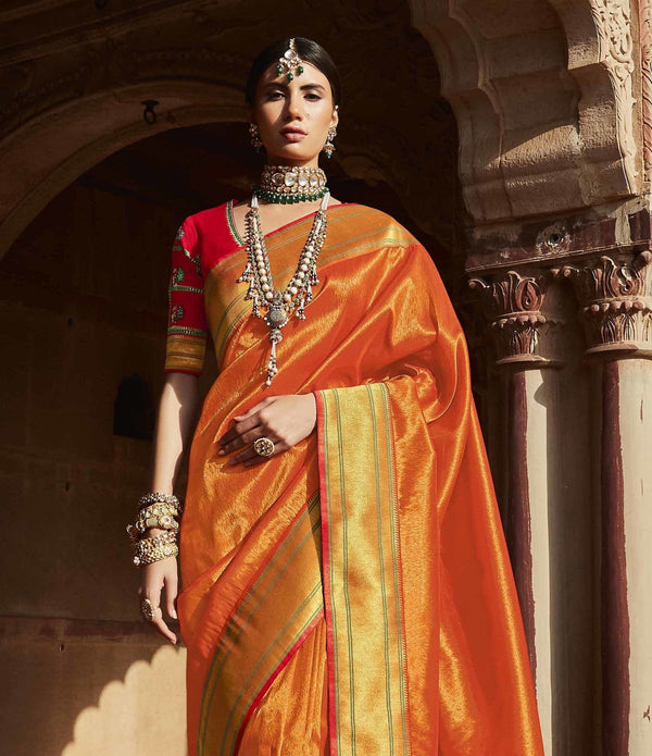 Traditional Tomato-Orange Paithani Silk Saree | Buddha And Beyond