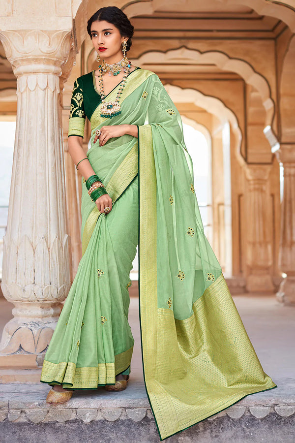 Mint Banarasi Soft Silk Saree With Blouse| Order Now Banarasi Soft Silk Saree  Online|Jhakhas