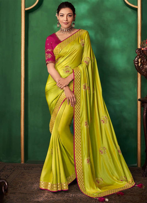 lime green saree with blue blouse - Shahi Fits