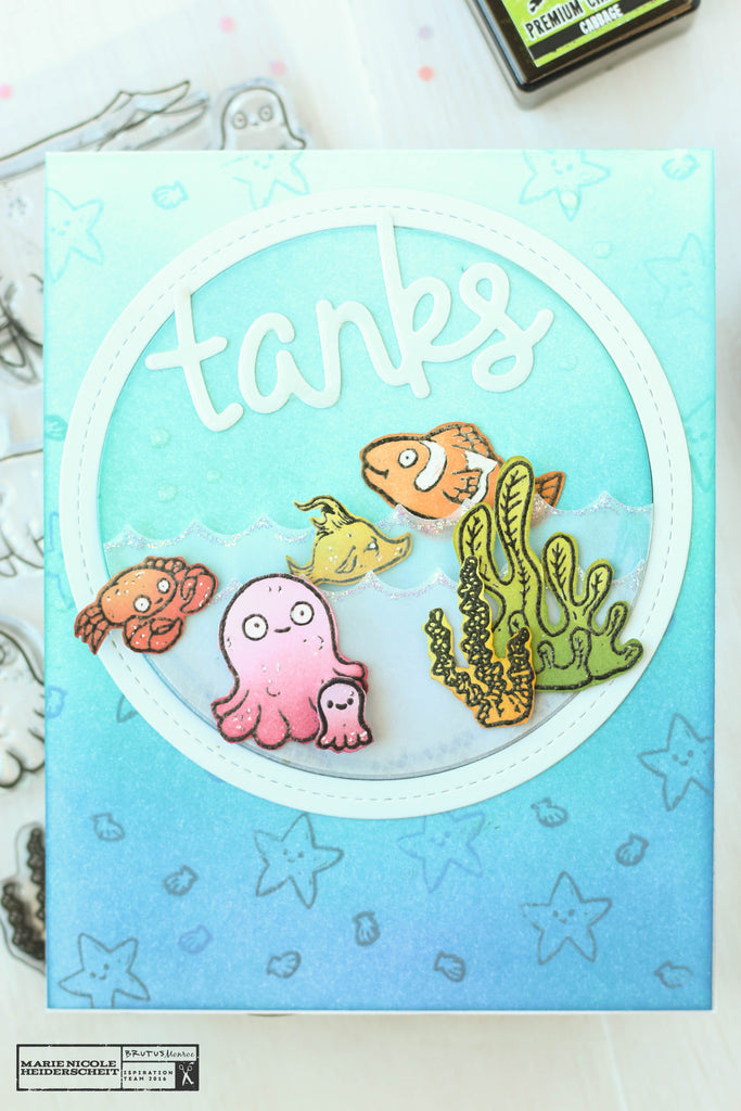 Thank you card created with the Brutus Monroe Fish Bowl stamp set and a few Lawn Fawn dies. 