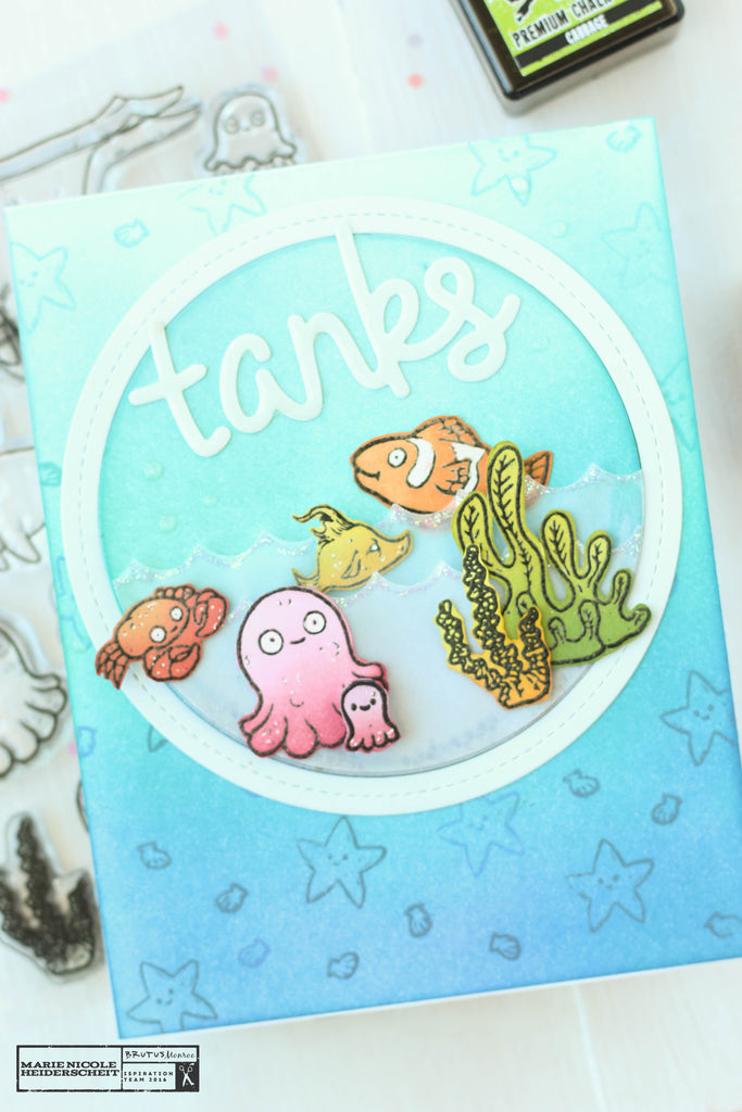 Thank you card created with the Brutus Monroe Fish Bowl stamp set and a few Lawn Fawn dies. 