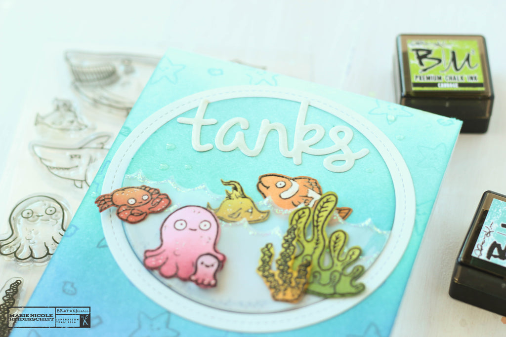 Thank you card created with the Brutus Monroe Fish Bowl stamp set and a few Lawn Fawn dies. 