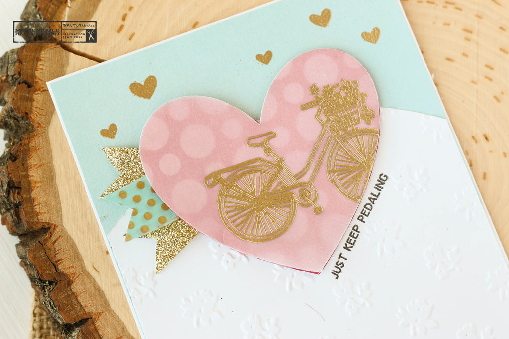 February Stamp Club for Brutus Monroe. Love this little bicycle image. Looks great embossed in gold! 