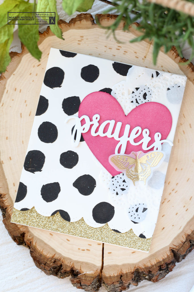 Prayers card with a Brutus Monroe stencil to create a polka dot background. 