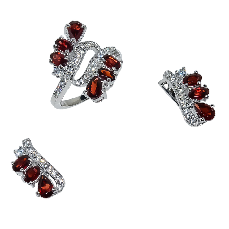 White 925 Sterling Silver Cz Garnet Stone Ring & Earrings Set