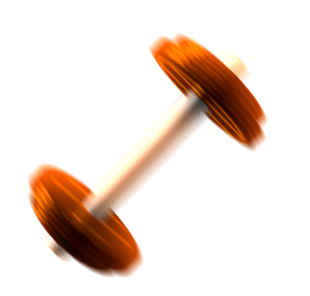 An orange dumbbell with a white handle, viewed diagonally on a transparent background.