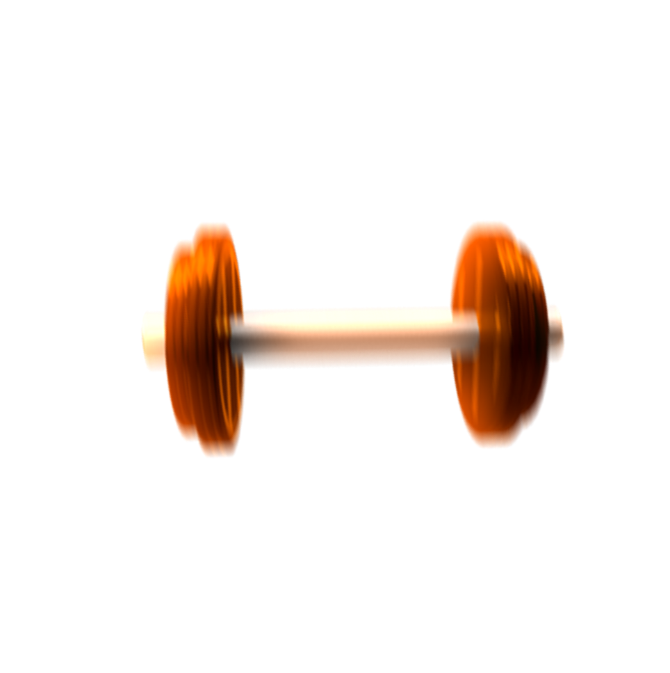 An orange dumbbell with a white handle on a black background.