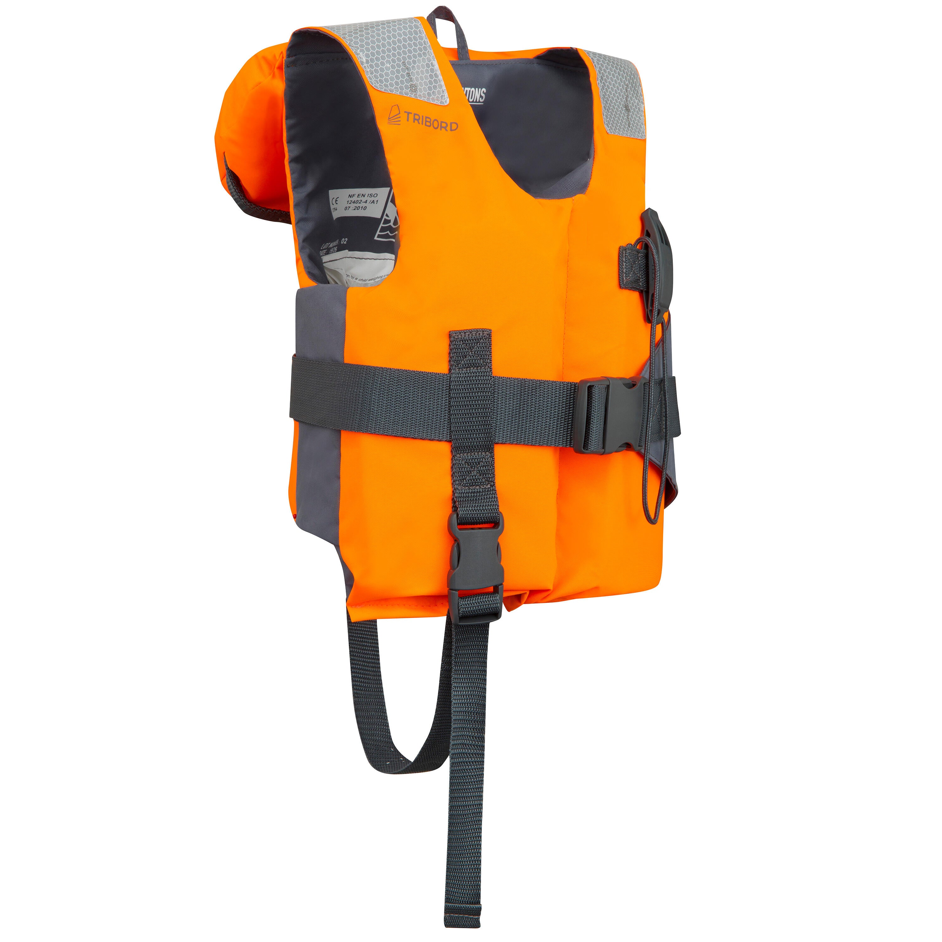 Orange life jacket with black straps and buckle.