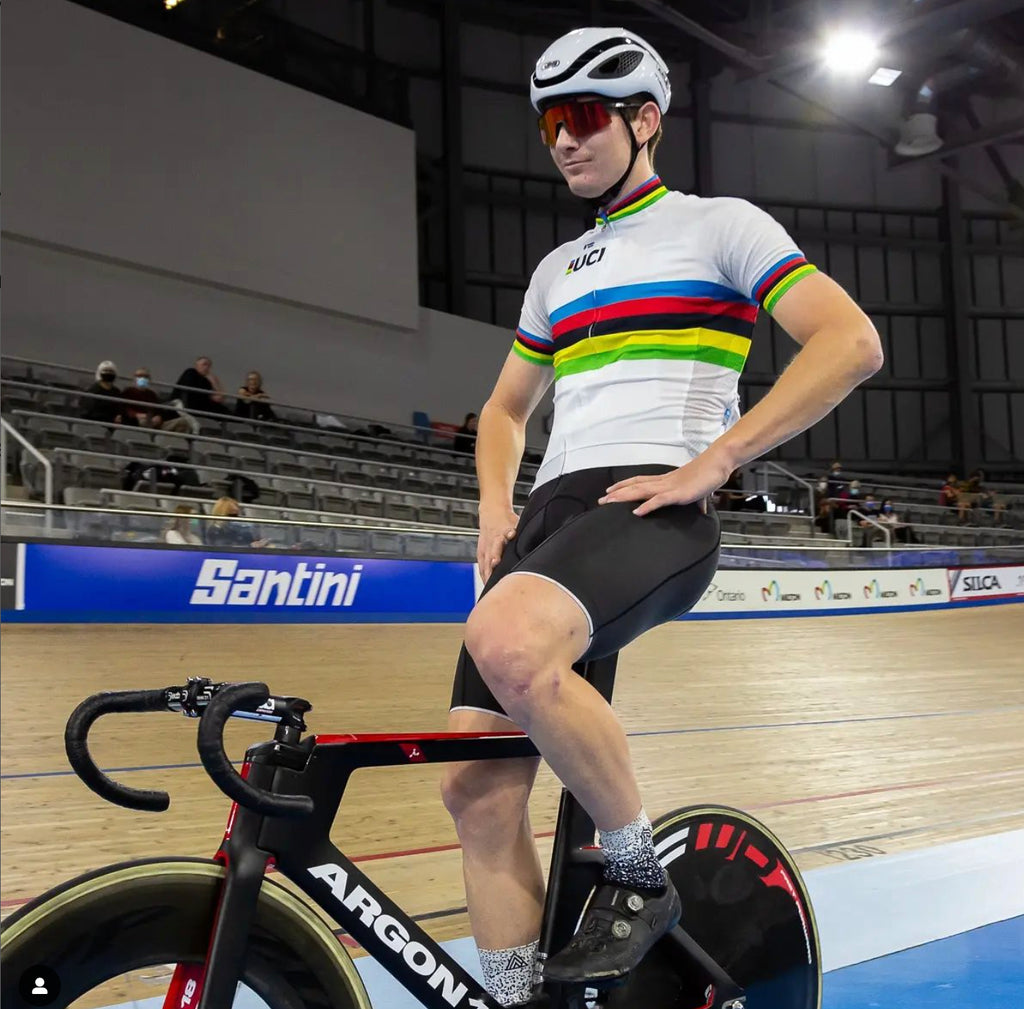 Dylan Bibic Baack in Canada wearing his World Champion Jersey.