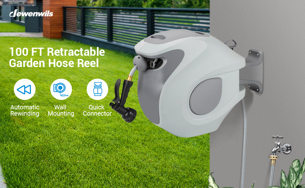 Roywel 5/8 Retractable Garden Hose Reel 100ft,Outdoor Hose Reel,Wall  Mounted,Automatic Rewind,180°Piovt, Any Length Lock, with 9- Function  Sprayer