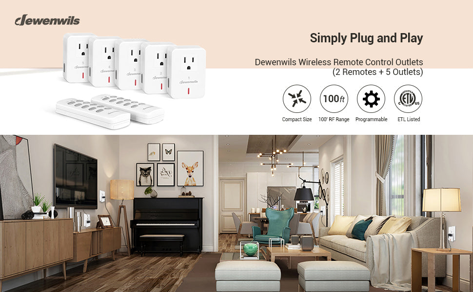 DEWENWILS Indoor Wireless Remote Control Outlet, Wireless Light Switch,  100ft RF Range, Compact Design, ETL Listed, White (2 Remotes + 5 Outlets  Set)