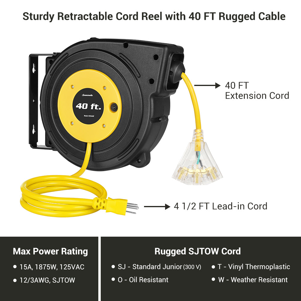 DEWENWILS 40ft Retractable Extension Cord Reel, 12AWG/3C Sjtow Cord, Yellow