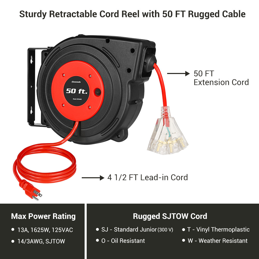 DEWENWILS 50ft Retractable Extension Cord Reel 14AWG/3C SJTOW, Red