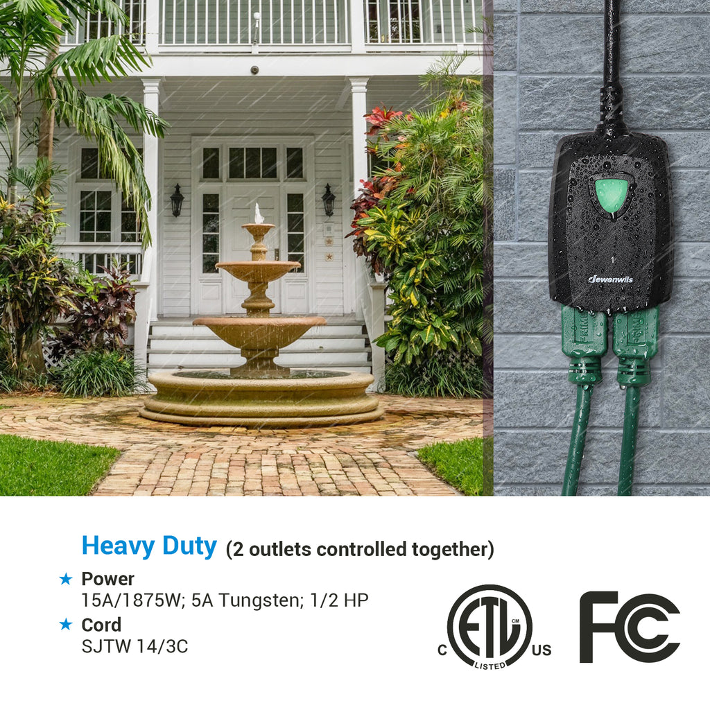 DEWENWILS Outdoor Remote Control Outlet, Wireless Remote Outlet Power  Switch, Weatherproof 15 A Heavy Duty Electrical Plug, 3 Grounded Outlets  for