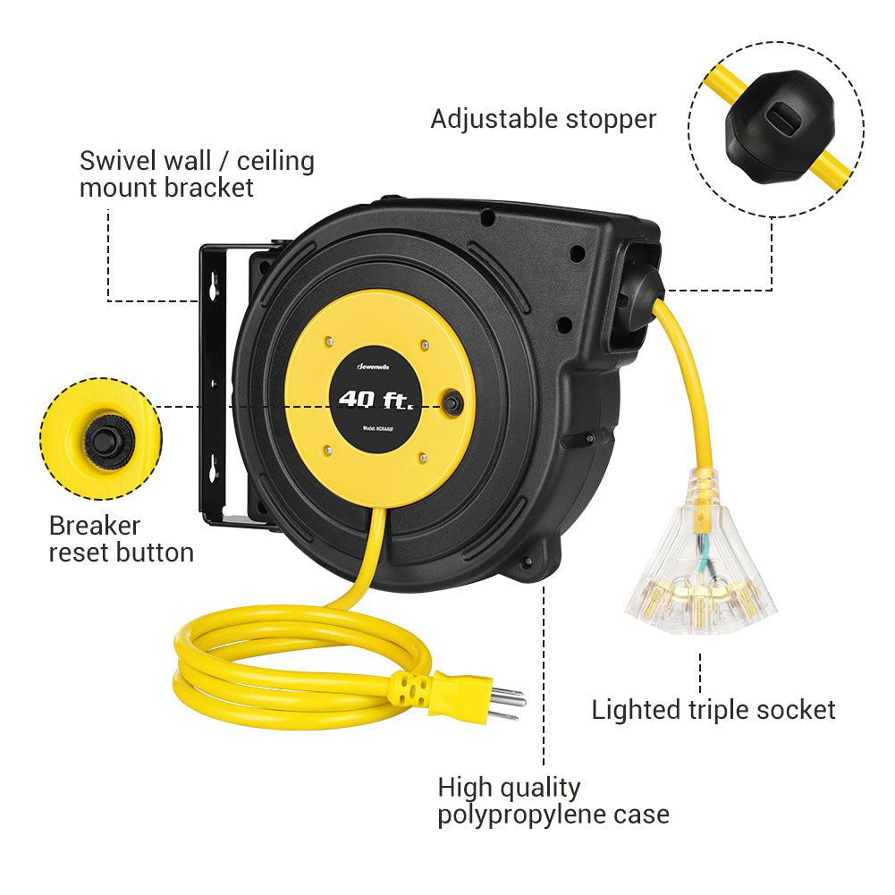 DEWENWILS Retractable Extension Cord Reel, 40 FT Heavy Duty Power Cord,  12AWG/3C SJTOW, 3 Grounded Outlets Lighted Triple Tap, 15 Amp Circuit  Breaker, UL Listed : : Tools & Home Improvement