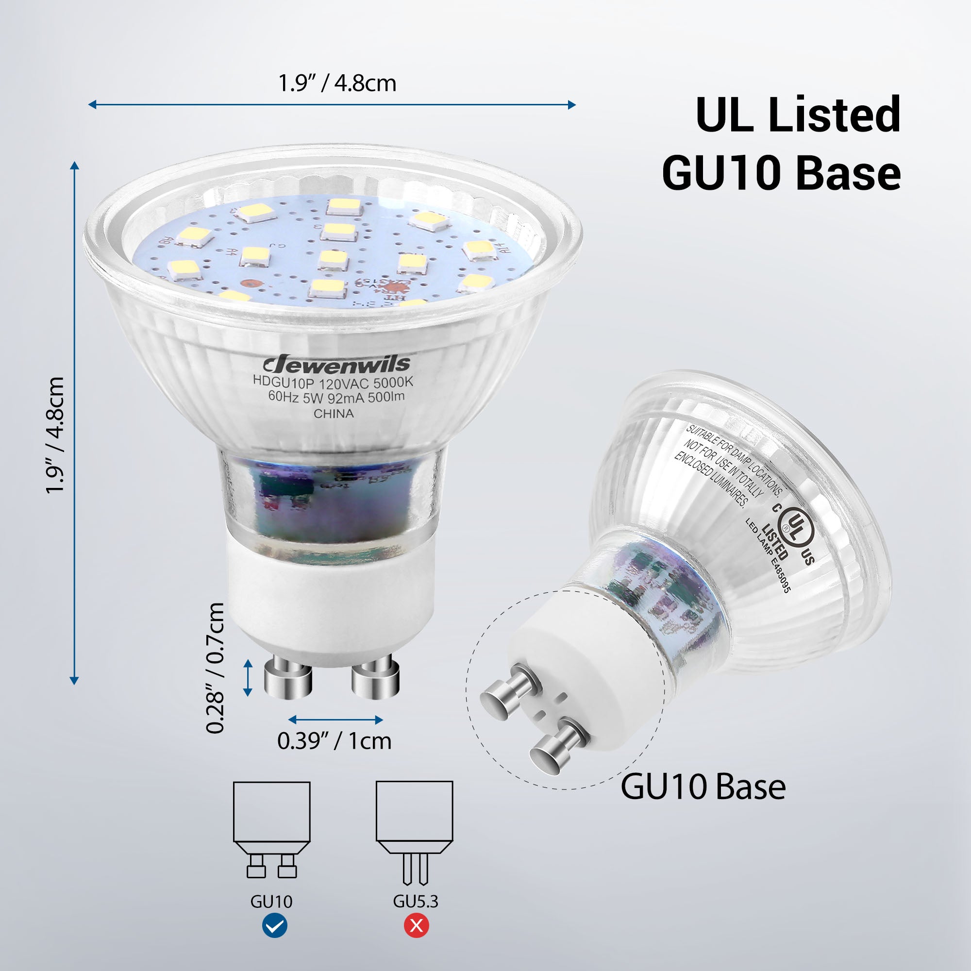 DEWENWILS 10-Pack GU10 LED Bulb Dimmable, 5000K Daylight White, 5W(50W Equivalent), Track Light Bulbs with 120°Beam Angle HDGU10P