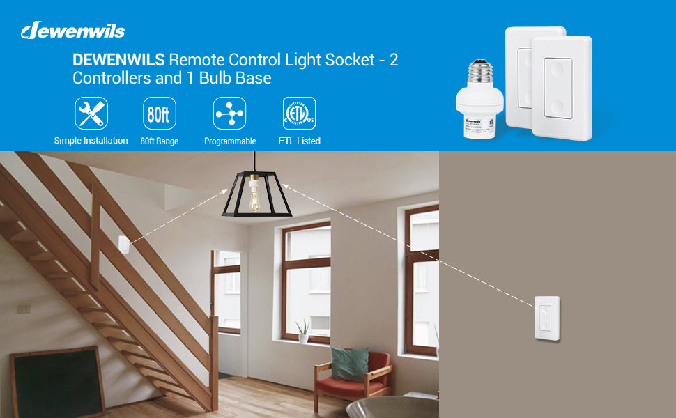 DEWENWILS Remote Control Light Socket, Wireless Remote Light Bulbs Switch System, 80 ft RF Range, for Pull Chain Light Fixture