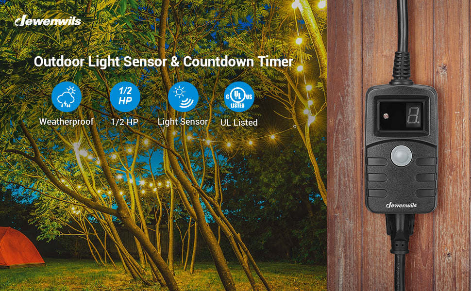 DEWENWILS Remote Control Outdoor Light Sensor Timer Waterproof with 2 Grounded Electrical Outlets for Outdoor Holiday Decorations Lights, 15A 1/2HP UL