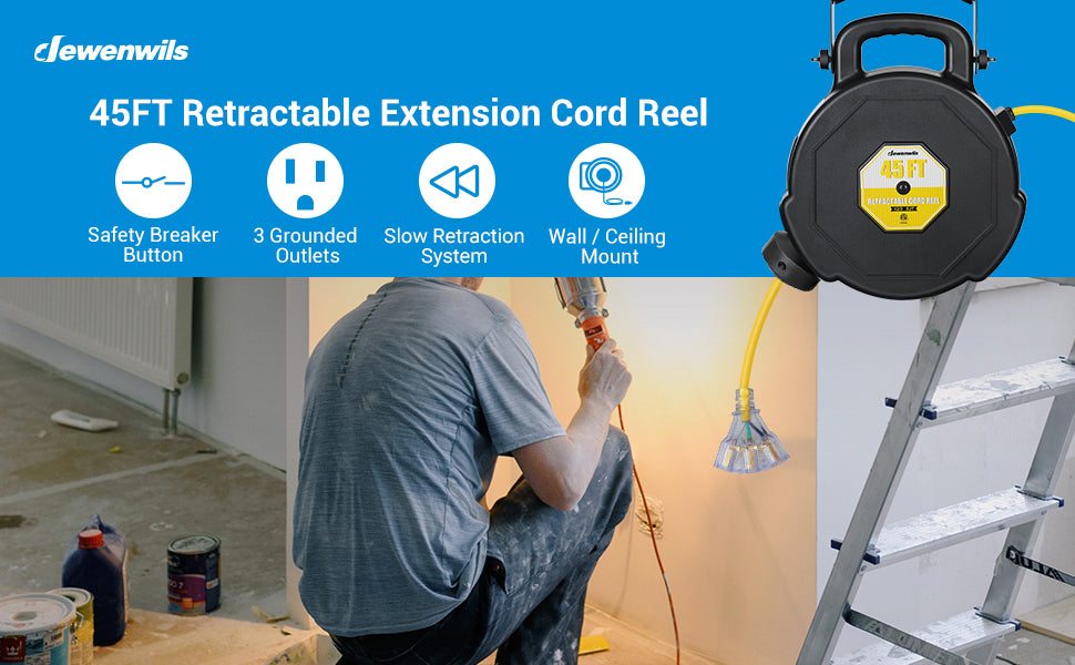DEWENWILS 45ft Retractable Extension Cord Reel, Heavy Duty 12/3 SJT Cord  Reel for Garage, Workshop – Dewenwils