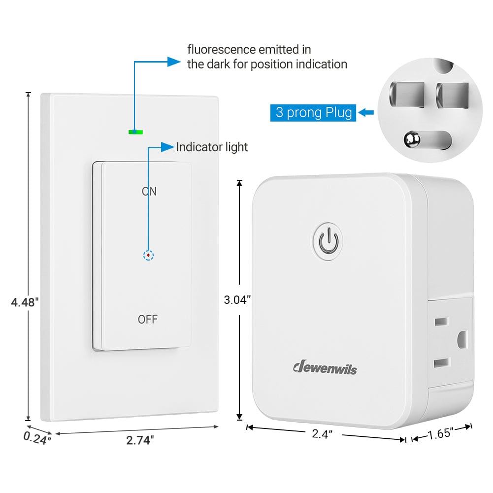 DEWENWILS Wireless Remote Control Outlet, 2 Independent Control Sockets  Electrical Remote Light Switch, No Interference Remote Outlet Switch, No  Wiring, 15A/1875W, 100 FT Range, FCC Listed 