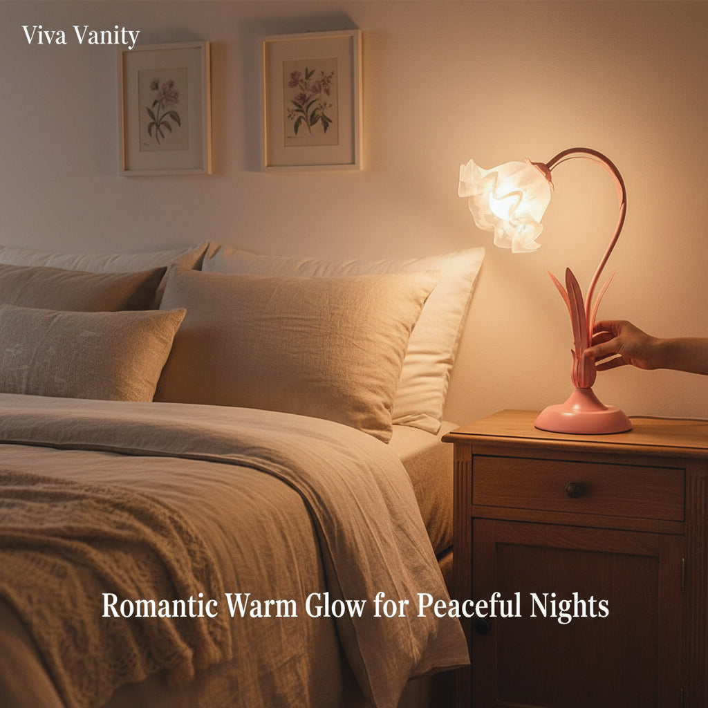 Pink desk lamp with floral design next to vase