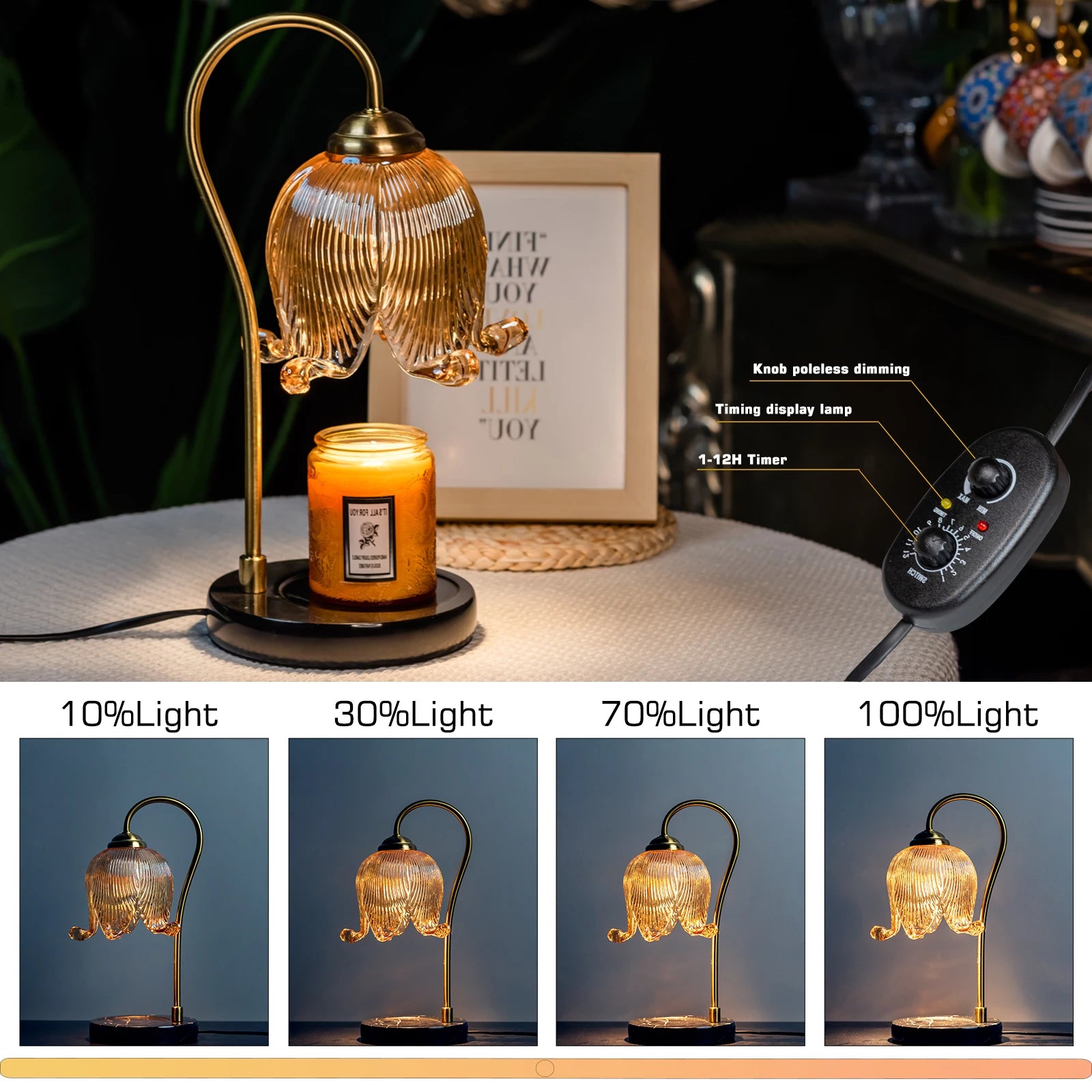 Decorative candle warmer showing light intensity levels