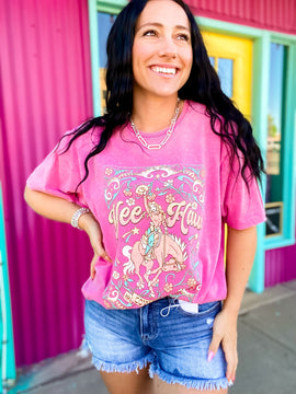 Yeehaw Mineral Washed Tee in Hot Pink