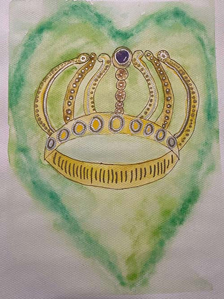 A vibrant watercolor painting showcasing a lush green heart adorned with a golden crown, symbolizing the opening of a heart chakra and stepping into power