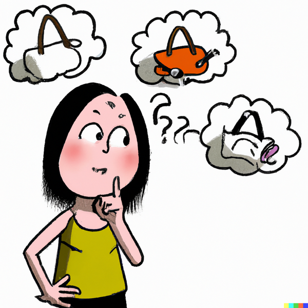 Woman thinking which nappy bag should she choose, cartoon