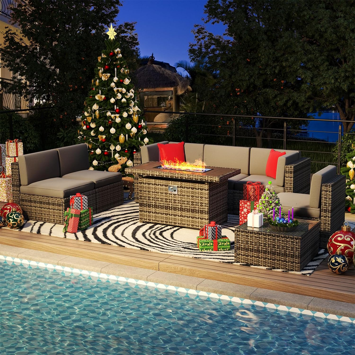 8 Pieces Patio Wicker Sofa Set with 40" Fire Pit Table, Grey
