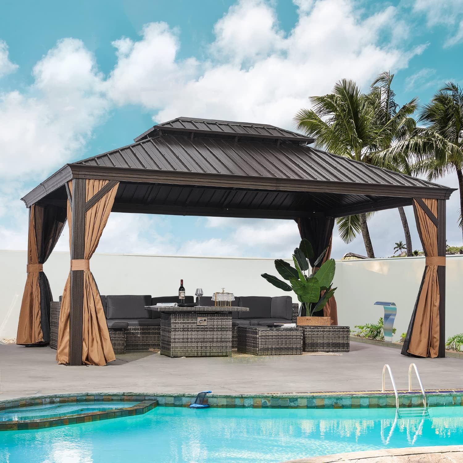 12' x 16' Hardtop Aluminum Gazebo, Permanent Luxury Double Roof Gazebo, Grey