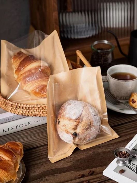 50pcs/set Paper Bread Packaging Bag, Simple Transparent Oil-proof Bread Packaging