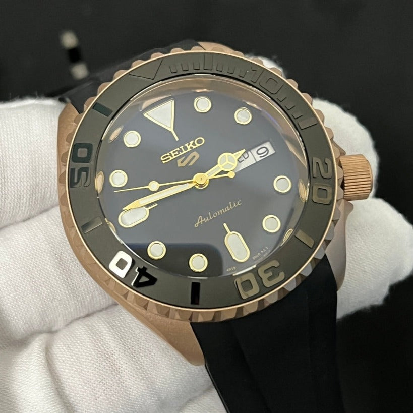 Seiko 5 Rose Gold Yachtmaster Mod with Rubber Strap – Swiss Watchers