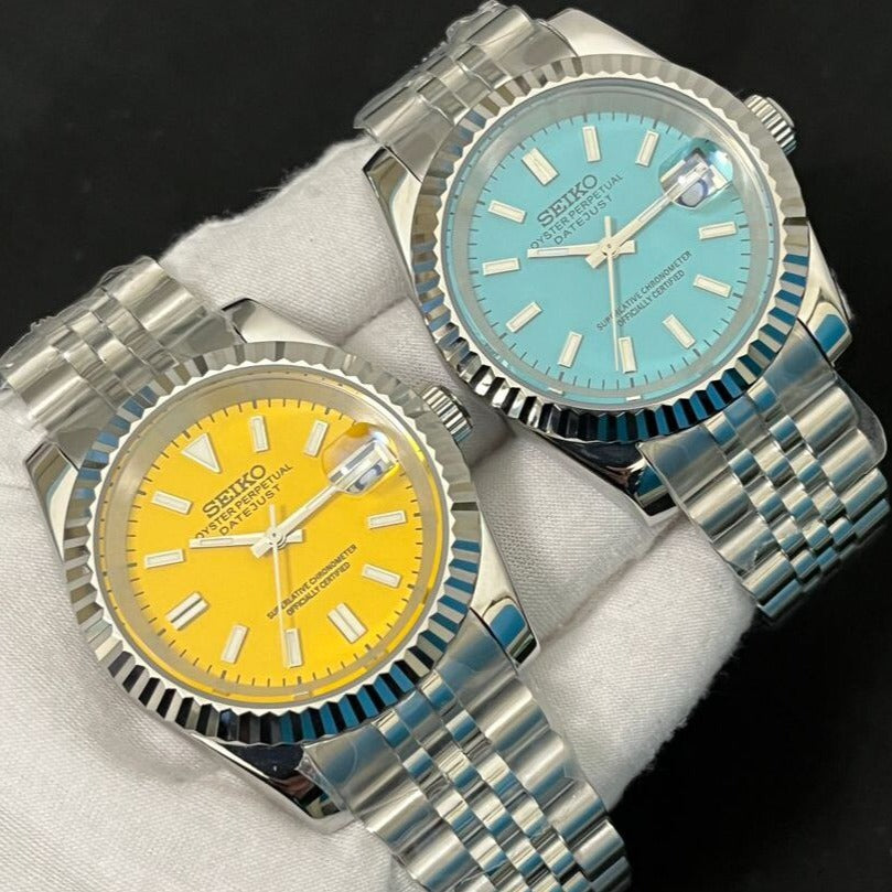 Seiko Datejust 36-40mm Light Blue & Yellow Dial – Swiss Watchers